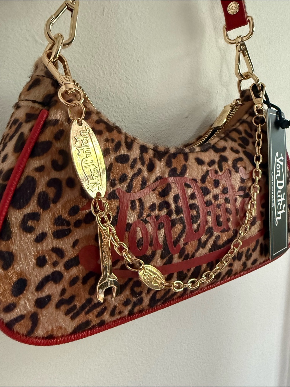 Von Dutch Leopard Faux Fur Shoulder Bag with Red Trim and Gold Chain